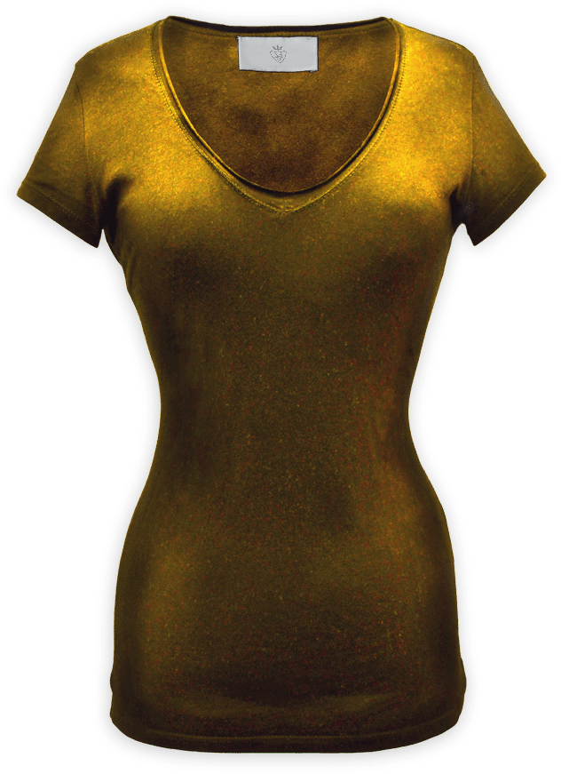 En tætsiddende, kortærmet dame-T-shirt i metallisk guld på en hvid baggrund. V-udskæringen og det bløde, skinnende stof er perfekt til en privat socialrådgiver og giver både stil og komfort til travle professionelle.